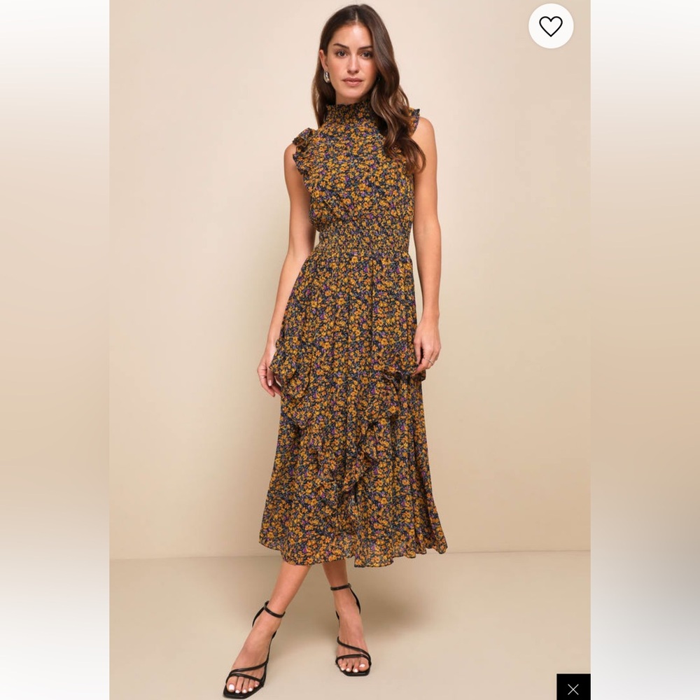 Lulus Sleeveless High-Neck Floral Maxi Dress in Navy and Mustard